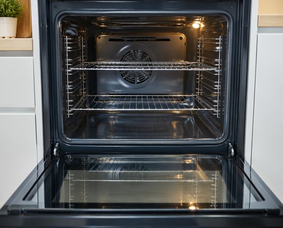Spotless oven interior with gleaming racks and glass door