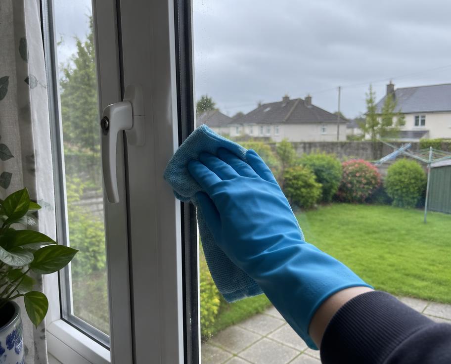 Gloved hand wiping an interior window with a microfibre cloth