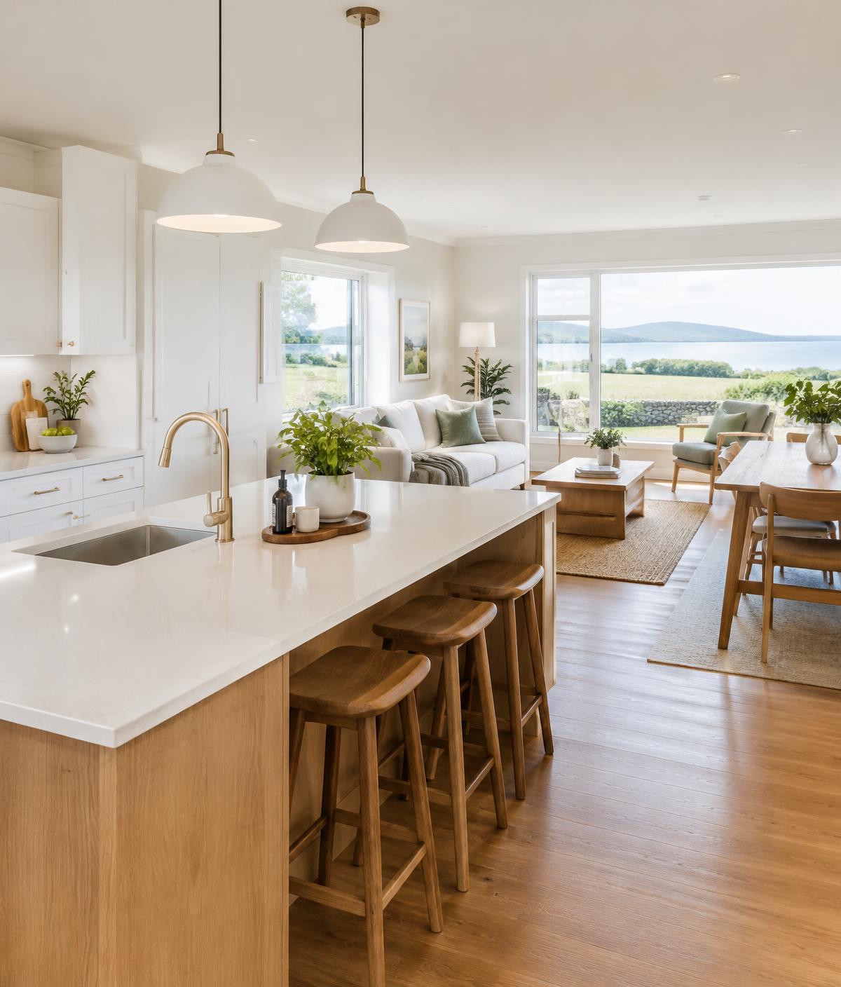Bright, immaculate open-plan kitchen and living room with white worktops, oak floors and large windows