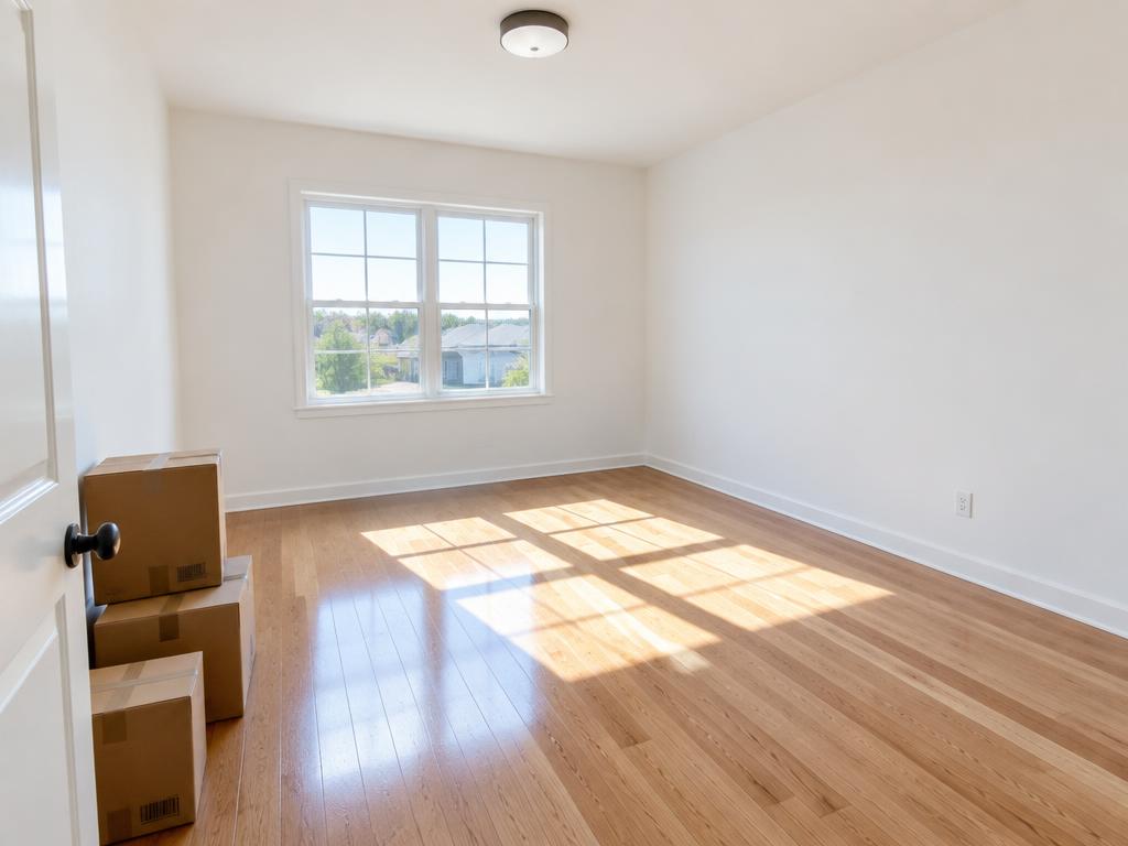 Bright, freshly cleaned empty bedroom with moving boxes by the door